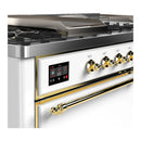ILVE Majestic III 60-inch Dual Fuel Range with 7 Natural Gas Burner, Griddle, French Top and Solid Door Electric Oven in White with Brass Trim (UM60FSQNR3WHG)
