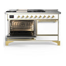 ILVE Majestic III 60-inch Dual Fuel Range with 7 Natural Gas Burner, Griddle, French Top and Solid Door Electric Oven in White with Brass Trim (UM60FSQNR3WHG)