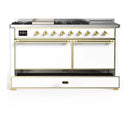 ILVE Majestic III 60-inch Dual Fuel Range with 7 Natural Gas Burner, Griddle, French Top and Solid Door Electric Oven in White with Brass Trim (UM60FSQNR3WHG)