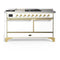 ILVE Majestic III 60-inch Dual Fuel Range with 7 Natural Gas Burner, Griddle, French Top and Solid Door Electric Oven in White with Brass Trim (UM60FSQNR3WHG)