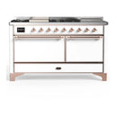 ILVE Majestic III 60-inch Dual Fuel Range with 7 Natural Gas Burner, Griddle, French Top and Solid Door Electric Oven in White with Copper Trim (UM60FSQNR3WHP)