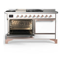 ILVE Majestic III 60-inch Dual Fuel Range with 7 Natural Gas Burner, Griddle, French Top and Solid Door Electric Oven in White with Copper Trim (UM60FSQNR3WHP)