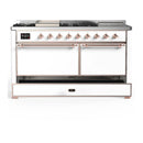 ILVE Majestic III 60-inch Dual Fuel Range with 7 Natural Gas Burner, Griddle, French Top and Solid Door Electric Oven in White with Copper Trim (UM60FSQNR3WHP)