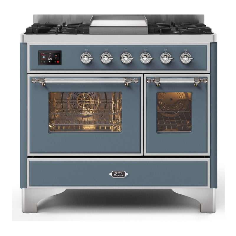 ILVE 40-Inch Majestic II Dual Fuel Range with 6 Sealed Burners and Removable Griddle with 3.82 cu. ft. Oven in Grey Blue with Chrome Trim (UMD10FDNS3BGC)