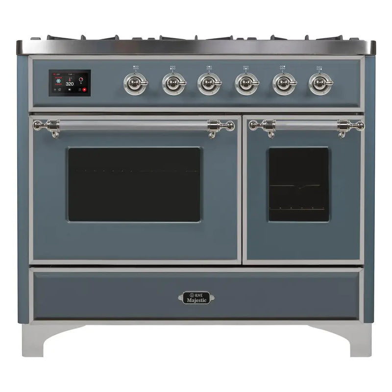 ILVE 40-Inch Majestic II Dual Fuel Range with 6 Sealed Burners and Removable Griddle with 3.82 cu. ft. Oven in Grey Blue with Chrome Trim (UMD10FDNS3BGC)