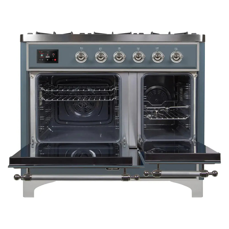 ILVE 40-Inch Majestic II Dual Fuel Range with 6 Sealed Burners and Removable Griddle with 3.82 cu. ft. Oven in Grey Blue with Chrome Trim (UMD10FDNS3BGC)