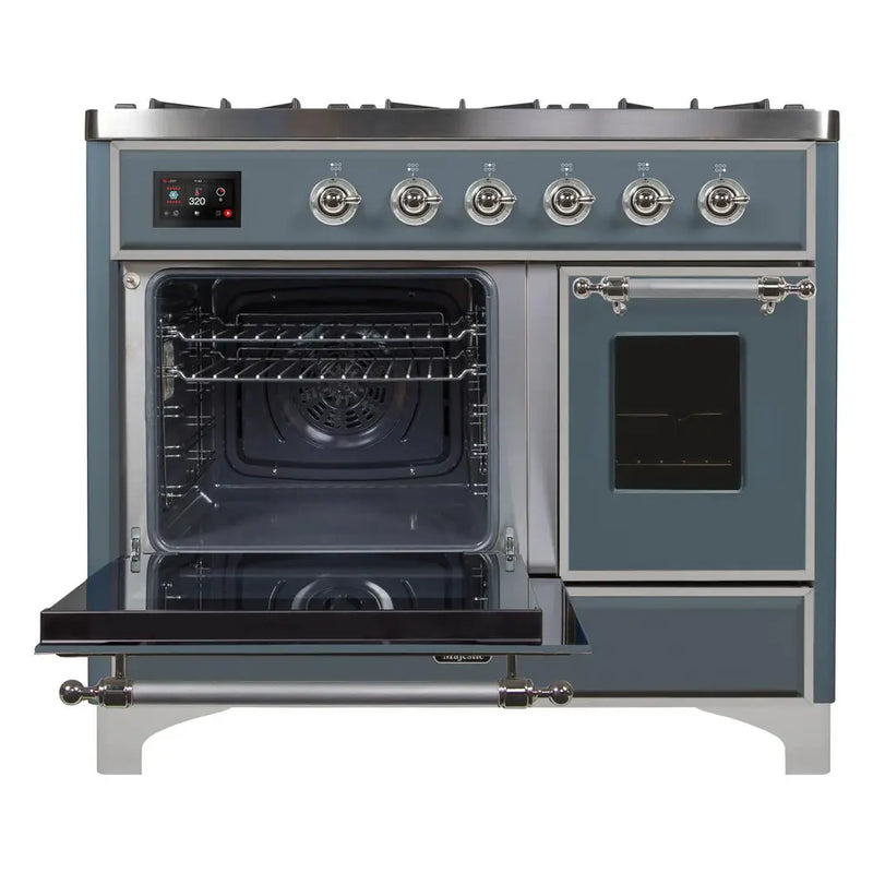 ILVE 40-Inch Majestic II Dual Fuel Range with 6 Sealed Burners and Removable Griddle with 3.82 cu. ft. Oven in Grey Blue with Chrome Trim (UMD10FDNS3BGC)