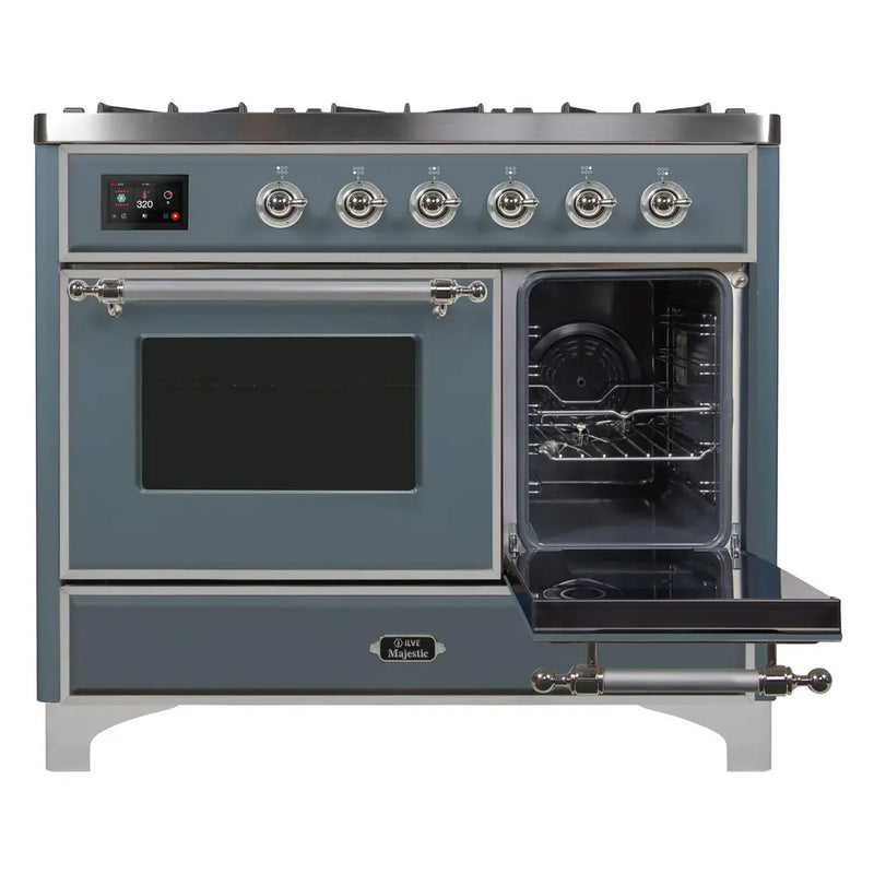 ILVE 40-Inch Majestic II Dual Fuel Range with 6 Sealed Burners and Removable Griddle with 3.82 cu. ft. Oven in Grey Blue with Chrome Trim (UMD10FDNS3BGC)