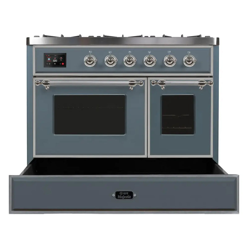 ILVE 40-Inch Majestic II Dual Fuel Range with 6 Sealed Burners and Removable Griddle with 3.82 cu. ft. Oven in Grey Blue with Chrome Trim (UMD10FDNS3BGC)