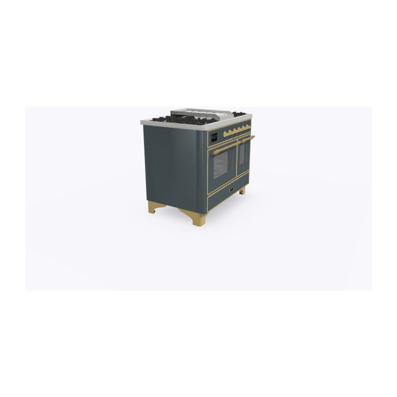 ILVE 40-Inch Majestic II Dual Fuel Range with 6 Sealed Burners and Removable Griddle with 3.82 cu. ft. Oven in Grey Blue with Brass Trim (UMD10FDNS3BGG)