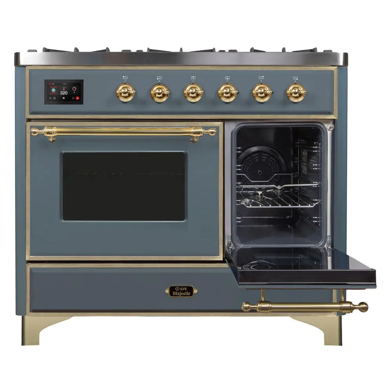 ILVE 40-Inch Majestic II Dual Fuel Range with 6 Sealed Burners and Removable Griddle with 3.82 cu. ft. Oven in Grey Blue with Brass Trim (UMD10FDNS3BGG)