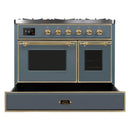 ILVE 40-Inch Majestic II Dual Fuel Range with 6 Sealed Burners and Removable Griddle with 3.82 cu. ft. Oven in Grey Blue with Brass Trim (UMD10FDNS3BGG)