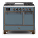 ILVE 40-Inch Majestic II Series Freestanding Dual Fuel Double Oven Range with 6 Sealed Burners and Removable Griddle Solid Door Oven in Blue Grey with Bronze Trim (UMD10FDQNS3BGB)