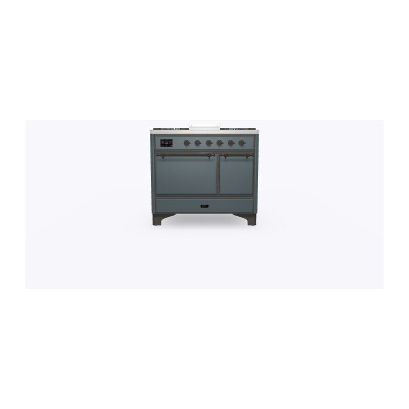 ILVE 40-Inch Majestic II Series Freestanding Dual Fuel Double Oven Range with 6 Sealed Burners and Removable Griddle Solid Door Oven in Blue Grey with Bronze Trim (UMD10FDQNS3BGB)