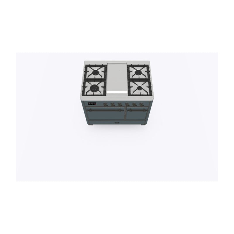 ILVE 40-Inch Majestic II Series Freestanding Dual Fuel Double Oven Range with 6 Sealed Burners and Removable Griddle Solid Door Oven in Blue Grey with Bronze Trim (UMD10FDQNS3BGB)