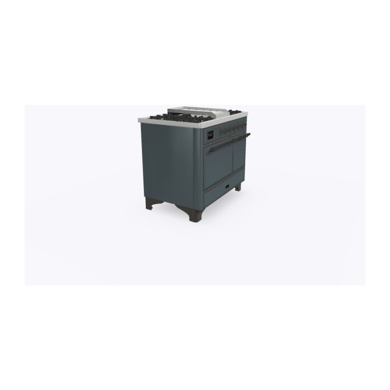 ILVE 40-Inch Majestic II Series Freestanding Dual Fuel Double Oven Range with 6 Sealed Burners and Removable Griddle Solid Door Oven in Blue Grey with Bronze Trim (UMD10FDQNS3BGB)
