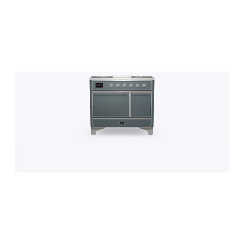 ILVE 40-Inch Majestic II Series Freestanding Dual Fuel Double Oven Range with 6 Sealed Burners and Removable Griddle with Solid Door Oven  in Blue Grey with Chrome Trim (UMD10FDQNS3BGC)