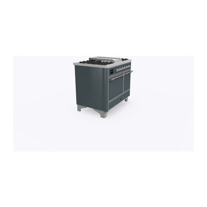 ILVE 40-Inch Majestic II Series Freestanding Dual Fuel Double Oven Range with 6 Sealed Burners and Removable Griddle with Solid Door Oven  in Blue Grey with Chrome Trim (UMD10FDQNS3BGC)