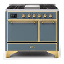 ILVE 40-Inch Majestic II Series Freestanding Dual Fuel Double Oven Range with 6 Sealed Burners and Removable Griddle with Solid Door Oven in Blue Grey with Brass Trim (UMD10FDQNS3BGG)