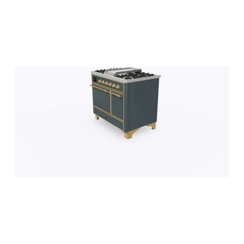 ILVE 40-Inch Majestic II Series Freestanding Dual Fuel Double Oven Range with 6 Sealed Burners and Removable Griddle with Solid Door Oven in Blue Grey with Brass Trim (UMD10FDQNS3BGG)