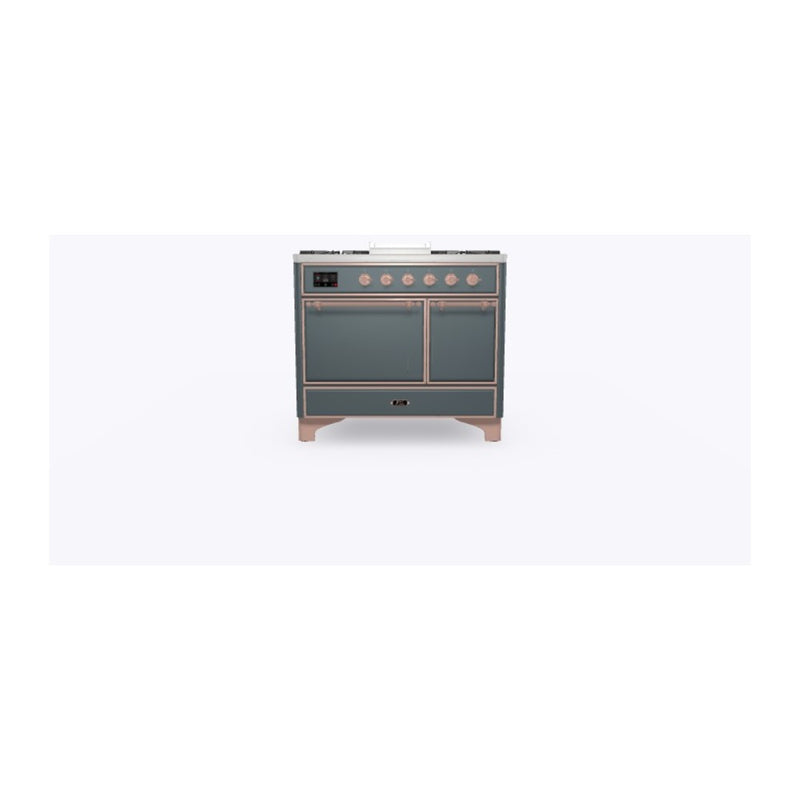 ILVE 40-Inch Majestic II Series Freestanding Dual Fuel Double Solid Door Oven Range with 6 Sealed Burners and Removable Griddle in Blue Grey with Copper Trim (UMD10FDQNS3BGP)