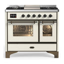 ILVE Majestic III 40-inch Dual Fuel Range with 6 Natural Gas Burner, Griddle and Triple Glass Door Electric Oven in Antique White with Burnished Trim (UMD40FNR3AWB)