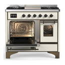ILVE Majestic III 40-inch Dual Fuel Range with 6 Natural Gas Burner, Griddle and Triple Glass Door Electric Oven in Antique White with Burnished Trim (UMD40FNR3AWB)