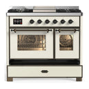 ILVE Majestic III 40-inch Dual Fuel Range with 6 Natural Gas Burner, Griddle and Triple Glass Door Electric Oven in Antique White with Burnished Trim (UMD40FNR3AWB)