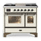 ILVE Majestic III 40-inch Dual Fuel Range with 6 Natural Gas Burner, Griddle and Triple Glass Door Electric Oven in Antique White with Burnished Trim (UMD40FNR3AWB)