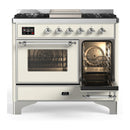 ILVE Majestic III 40-inch Dual Fuel Range with 6 Natural Gas Burner, Griddle and Triple Glass Door Electric Oven in Antique White with Chrome Trim (UMD40FNR3AWC)
