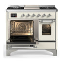 ILVE Majestic III 40-inch Dual Fuel Range with 6 Natural Gas Burner, Griddle and Triple Glass Door Electric Oven in Antique White with Chrome Trim (UMD40FNR3AWC)
