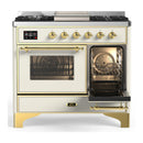 ILVE Majestic III 40-inch Dual Fuel Range with 5 Liquid Propane Burner, Griddle and Triple Glass Door Electric Oven in Antique White with Brass Trim (UMD40FNR3AWGLP)