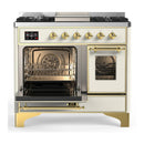 ILVE Majestic III 40-inch Dual Fuel Range with 6 Natural Gas Burner, Griddle and Triple Glass Door Electric Oven in Antique White with Brass Trim (UMD40FNR3AWG)