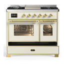 ILVE Majestic III 40-inch Dual Fuel Range with 5 Liquid Propane Burner, Griddle and Triple Glass Door Electric Oven in Antique White with Brass Trim (UMD40FNR3AWGLP)