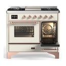 ILVE Majestic III 40-inch Dual Fuel Range with 5 Liquid Propane Burner, Griddle and Triple Glass Door Electric Oven in Antique White with Copper Trim (UMD40FNR3AWPLP)