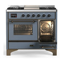 ILVE Majestic III 40-inch Dual Fuel Range with 6 Natural Gas Burner, Griddle and Triple Glass Door Electric Oven in Blue Grey with Burnished Trim (UMD40FNR3BGB)