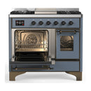 ILVE Majestic III 40-inch Dual Fuel Range with 5 Liquid Propane Burner, Griddle and Triple Glass Door Electric Oven in Blue Grey with Burnished Trim (UMD40FNR3BGBLP)