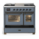 ILVE Majestic III 40-inch Dual Fuel Range with 6 Natural Gas Burner, Griddle and Triple Glass Door Electric Oven in Blue Grey with Burnished Trim (UMD40FNR3BGB)