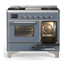 ILVE Majestic III 40-inch Dual Fuel Range with 5 Liquid Propane Burner, Griddle and Triple Glass Door Electric Oven in Blue Grey with Chrome Trim (UMD40FNR3BGCLP)