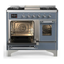ILVE Majestic III 40-inch Dual Fuel Range with 5 Liquid Propane Burner, Griddle and Triple Glass Door Electric Oven in Blue Grey with Chrome Trim (UMD40FNR3BGCLP)