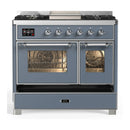 ILVE Majestic III 40-inch Dual Fuel Range with 5 Liquid Propane Burner, Griddle and Triple Glass Door Electric Oven in Blue Grey with Chrome Trim (UMD40FNR3BGCLP)