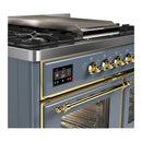 ILVE Majestic III 40-inch Dual Fuel Range with 6 Natural Gas Burner, Griddle and Triple Glass Door Electric Oven in Blue Grey with Brass Trim (UMD40FNR3BGG)