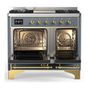 ILVE Majestic III 40-inch Dual Fuel Range with 6 Natural Gas Burner, Griddle and Triple Glass Door Electric Oven in Blue Grey with Brass Trim (UMD40FNR3BGG)