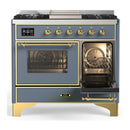 ILVE Majestic III 40-inch Dual Fuel Range with 5 Liquid Propane Burner, Griddle and Triple Glass Door Electric Oven in Blue Grey with Brass Trim (UMD40FNR3BGGLP)
