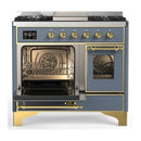 ILVE Majestic III 40-inch Dual Fuel Range with 5 Liquid Propane Burner, Griddle and Triple Glass Door Electric Oven in Blue Grey with Brass Trim (UMD40FNR3BGGLP)