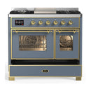 ILVE Majestic III 40-inch Dual Fuel Range with 5 Liquid Propane Burner, Griddle and Triple Glass Door Electric Oven in Blue Grey with Brass Trim (UMD40FNR3BGGLP)