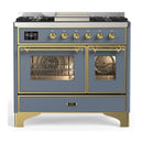 ILVE Majestic III 40-inch Dual Fuel Range with 5 Liquid Propane Burner, Griddle and Triple Glass Door Electric Oven in Blue Grey with Brass Trim (UMD40FNR3BGGLP)