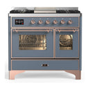 ILVE Majestic III 40-inch Dual Fuel Range with 6 Natural Gas Burner, Griddle and Triple Glass Door Electric Oven in Blue Grey with Copper Trim (UMD40FNR3BGP)
