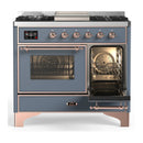 ILVE Majestic III 40-inch Dual Fuel Range with 6 Natural Gas Burner, Griddle and Triple Glass Door Electric Oven in Blue Grey with Copper Trim (UMD40FNR3BGP)