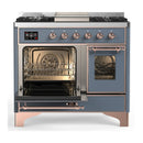 ILVE Majestic III 40-inch Dual Fuel Range with 6 Natural Gas Burner, Griddle and Triple Glass Door Electric Oven in Blue Grey with Copper Trim (UMD40FNR3BGP)